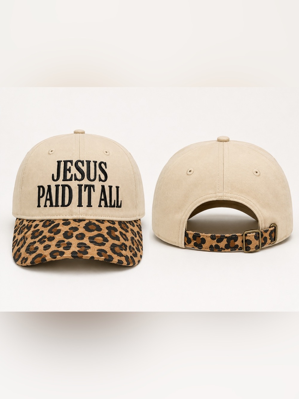 🆕 Jesus Paid It All Leopard Print Faith Baseball Hat Cream Adjustable - Picture 2 of 2